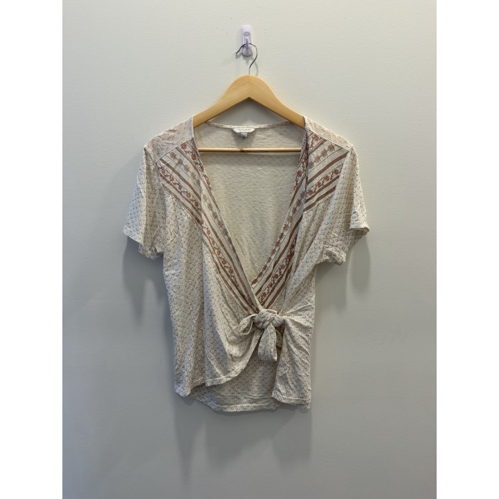Lucky Brand Women XL Boho Tie Front Top Cream Printed Deep V Short Sleeve